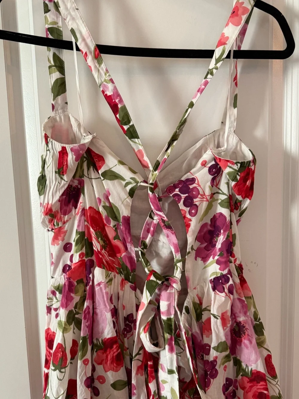 Floral Tiered Halter Maxi Dress - White with Pink & Red Floral